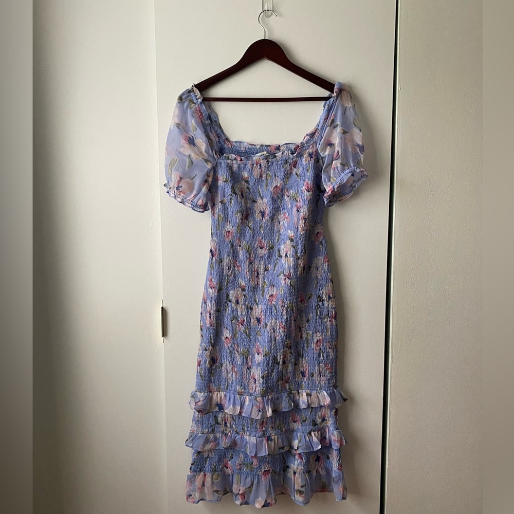 Smocked Puff Sleeve Midi Dress